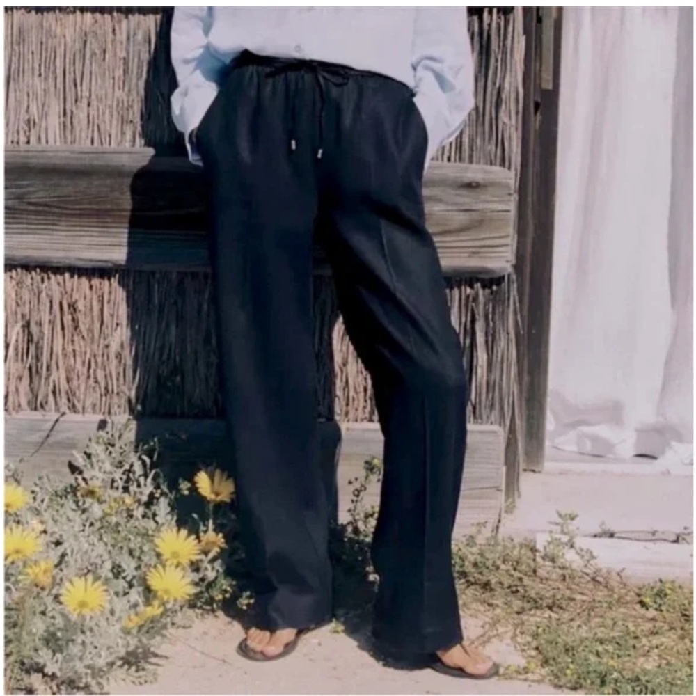 Zara Navy Wide-Leg Linen Drawstring Pants